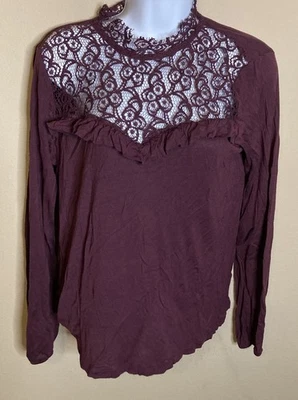 Vero Moda Womens Sz M Burgundy Lace Ruffle Key Hole Long Sleeve - Image 1 of 4