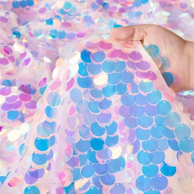 Pink Sequin Tablecloth Mermaid Party: Big Payette Glitter Iridescent Fabric -... - Image 1 of 4