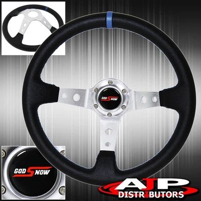 Godsnow Deep Dish Black Steering Wheel Silver Aluminum Center Blue Stitching - Изображение 1 из 4