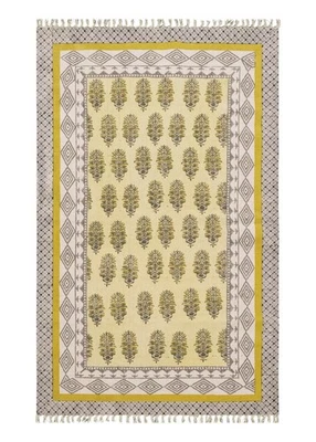Traditionnel Coton Tapis Handmade Bloc Imprimé Jaune Et Gris Dhurries - Photo 1/4