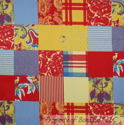 BonEful FABRIC FQ Cotton Decor Red Blue Yellow Flower Table Square Stripe Print - Image 1 of 4