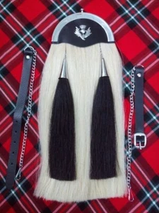 Scottish Thistle Badge White Horse Hair Sporran 2 Black Tassels Kilt Sporran - Picture 1 of 2
