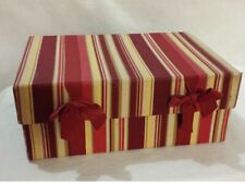 Fabric Covered Lidded Storage Box Organizer Red Tan Striped Bow 13.5”x9.25x5.25”