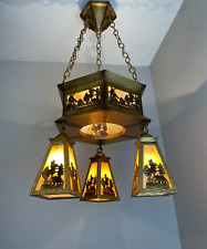 antique brass Arts & Crafts, Mission slag glass chandelier