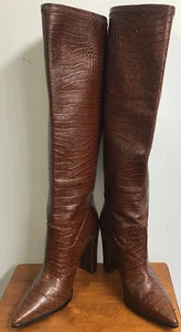 Matiko Brown Croc Embossed Knee-High Pointed Boot 4” Heel Size 40 - Picture 1 of 11
