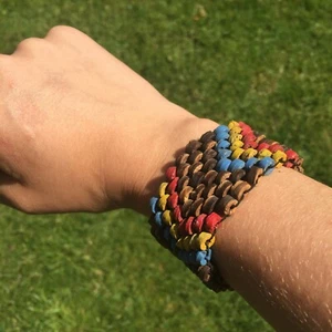 Bead Bracelet Unisex Brown with Red, Yellow, Blue Motif Ethnic Beach Surf - Picture 1 of 3
