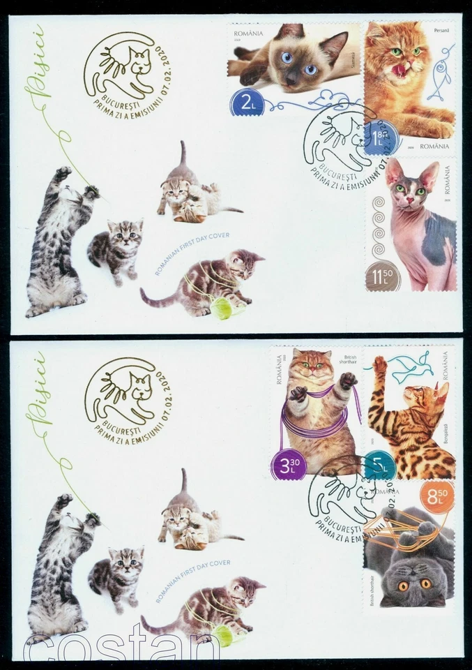 2020 Cats,Katze,Persian,British shorthair,Bengal,Siamese,Sphinx,Romania,7664,FDC - Image 1 of 1