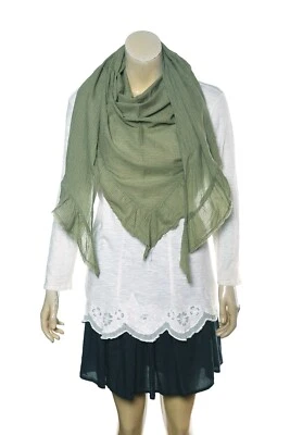Ewa I Walla Scarf 78'' X 36'' Triangular Plaid Ruffle Green Cotton Scarves 41810 - Image 1 of 2