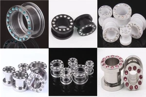 PAIR - Ear Gauges STAINLESS STEEL and ACRYLIC CZ GEMS Ear Plugs Flesh Tunnels - Picture 1 of 8