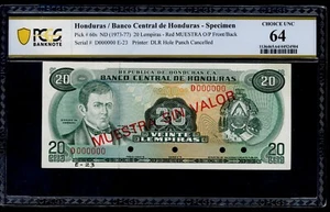 HONDURAS SPECIMEN  20  LEMPIRAS ( 1973-77 ) PICK # 60s PCGS 64 CHOICE UNC. - Picture 1 of 2