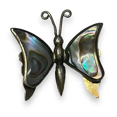 Broche Pin Mariposa Abulón Alpaca México Plata Vintage Firmado Boho Idea de Regalo Foto 1 de 4