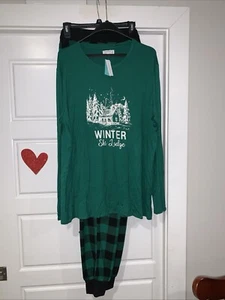 Maurices Sleep Womens TOP & JOGGERS Sz L Ivy Green Winter Ski Lodge Check Plaid - Picture 1 of 12
