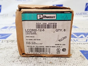 Panduit LCC600-12-6 Long Barrel Copper Lug 2 hole Stud 1/2" Qty 6 NEW - Picture 1 of 8
