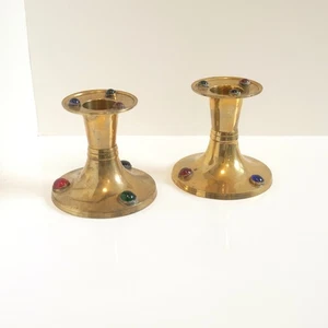 Vintage Candle Holder Set Solid Brass Glass Jewel Cabochons Medieval Retro - Picture 1 of 9