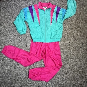 Vintage Lavon Windbreaker Track Suit Jacket & Pants Size Petite Small Teal Pink - Picture 1 of 9