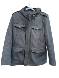 Guess Mens Large Gray Hooded Full Zip Wool Blend Coat Jacket GUC - Picture 1 of 6