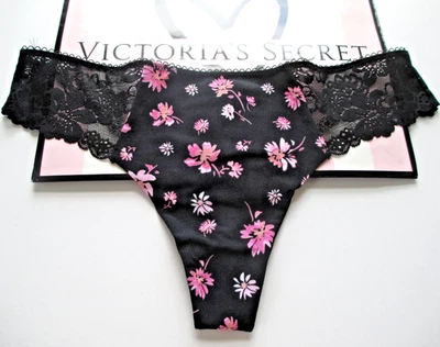 VICTORIA'S SECRET PINK No Show Thong Panty VS Floral Black S M L XL Lace Trim - Image 1 of 4