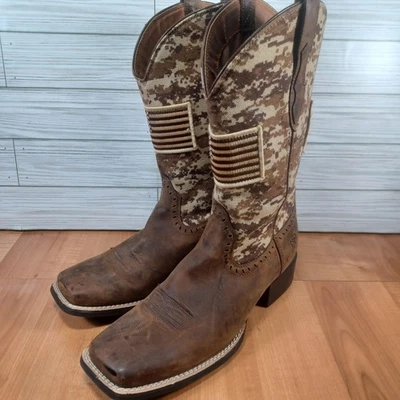 Ariat Boots Womens Size 9.5B Brown Digital Camo Patriot Flag Square Toe Western - Image 1 of 4