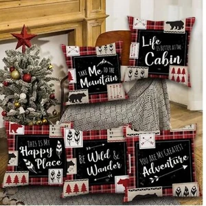 NEW SET OF 5 RUSTIC MOUNTAIN CABIN QUOTE BLACK/RED LINEN PILLOW COVERS 18" - Picture 1 of 7
