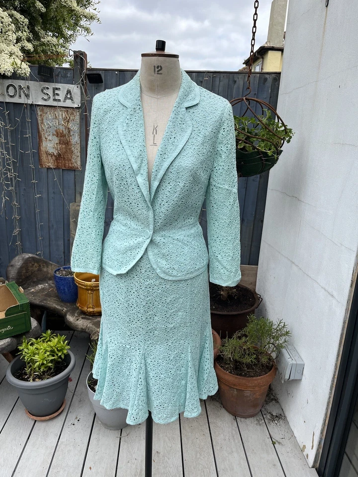 JONES WEAR MEZCLA ALGODÓN ENCAJE 2 PIEZAS FALDA TRAJE TALLA 12 BLAZER AJUSTADO AZUL MENTA Foto 1 de 4