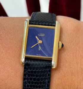 Cartier Tank Lapis Blue Dial Manual Argent Plaque Lady Swiss Made 100% Genuine ! - Picture 1 of 13