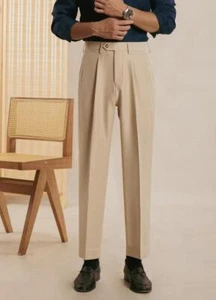 Adjustable Waist Men's Pants Cuffed Workwear Pleated Front Business Trousers - Picture 1 of 32