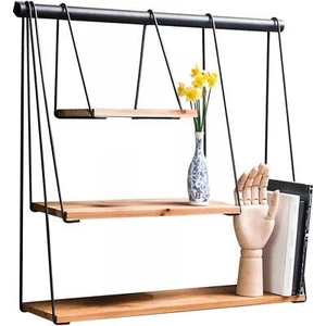 Stylish Multi Tiered Floating Wall Shelves, Pine Wood and Black Steel Frame for - Picture 1 of 4