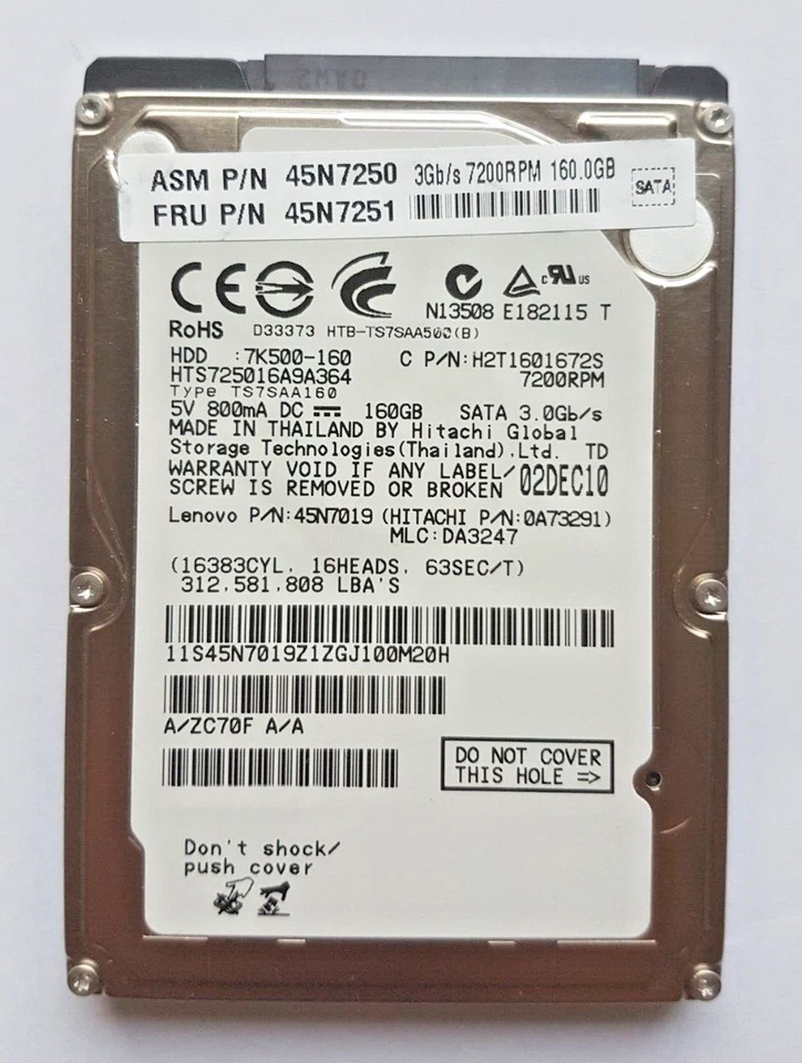 160 GB SATA Hitachi HTS725016A9A364 7200RPM 16MB HDD 2.5" Internal Hard Drive - Image 1 of 1