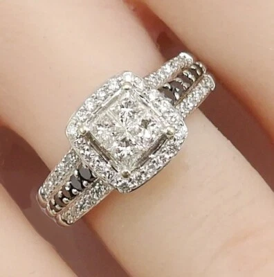 14K White Gold White & Black Diamond Halo Engagement Ring Size 7 LNG2 - Image 1 of 4