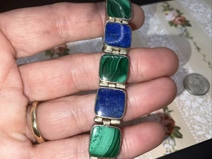LVC Sterling Malachite & Lapis Square Panel Bracelet Vintage - Picture 1 of 6