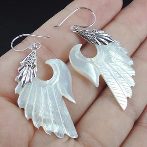 925 Sterling Silver Carved Wing Shaped Mother of Pearl Earrings, MOPE-110 - Picture 1 of 8