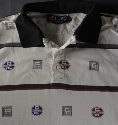 Vintage Chaps Ralph Lauren Shirt Mens Large White Black AOP Logo Rugby Polo 90s - Image 1 of 4