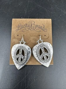 Lucky Brand! Vintage Distressed Look Silver Peace Logo Earrings With Stones - Picture 1 of 4