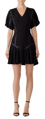 HALSTON HERITAGE Satin Ribbon Tape Fit Flare Flounce Hem Dress 10 Black $345 NWT - Image 1 of 4