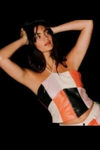 Amylynn Kunstleder Colorblock Bandeau Crop Top, Orange Navy Pink, Größe L - Bild 1 von 4