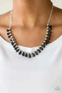 Paparazzi "Extinct Species" Black Teardrop Stone & Silver Beaded Fringe Necklace - Picture 1 of 3
