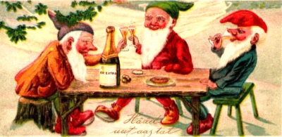 Sweden Elves Gnomes Drink Champagne Happy New Year Victorian Greeting Card - Image 1 of 3