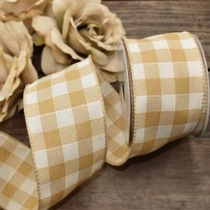 Tan Warm Beige and Ivory Gingham Checked Plaid Wired Ribbon - 10 Yards x 2.5" W - Picture 1 of 1