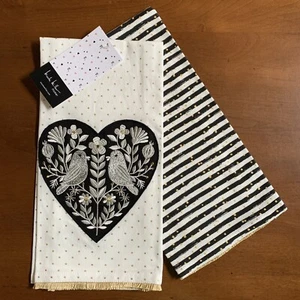 Nicole Miller Set of 2 Kitchen Tea Towels Love Birds Cream Black Gold 20" x 28" - Picture 1 of 8