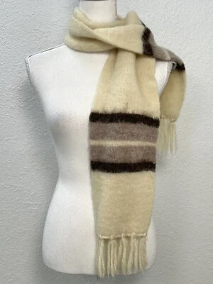 VTG ICELANDIC Cream SCARF w/ Brown Stripes Fringe 56" Wool Great Britain READ - Image 1 of 4