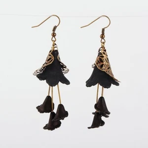 Edgy Shades of Black Matte Lucite Flowers Bronze Filigree Victorian Earrings - Picture 1 of 1