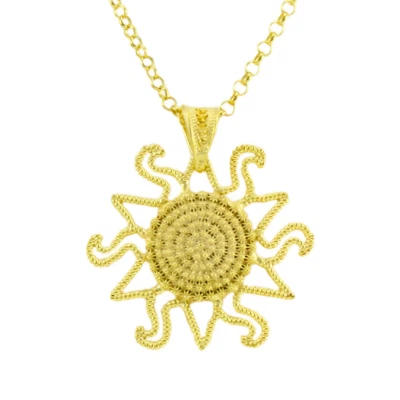 Collana Sarda Argento Dorato Pendente a Sole e Corbula Filigrana Sardegna 44 cm - Immagine 1 di 2