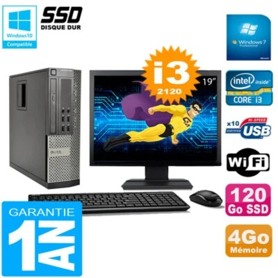 PC DELL 990 SFF Core I3-2120 RAM 4Go Disco 120Go SSD DVD Wifi W7 Pantalla 19" - Imagen 1 de 4