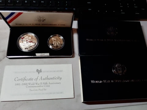 1991-1995 WW2 50th anniversary coins Proof W/OGP & COA silver dollar & clad half Cover