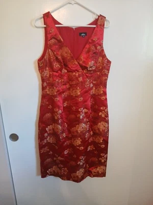 Mica Red Asian Inspired Floral Brocade Sheath Dress Sz 12 - Image 1 of 4