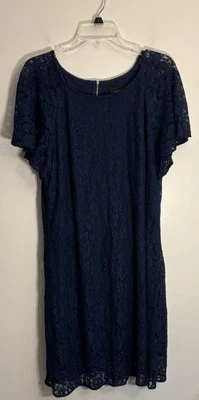 LANE BRYANT Navy Short Sleeve Lace Overlay Dress Women 18 Boat Neck Knee Length - Image 1 of 4