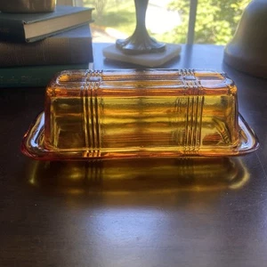 Vintage Hazel Atlas Criss Cross 1/4 LB Butter Dish Amber Glass Rare - Picture 1 of 5