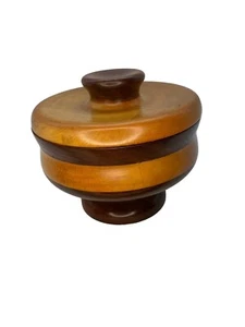 Vintage Hand Crafted Wood Round MIXED WOOD Lidded Pedestal Box BOHO - Picture 1 of 15