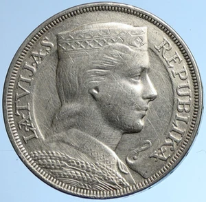 1929 LATVIA w Female Headwear 5 Lati LARGE Vintage Silver European Coin i109600 - Picture 1 of 3