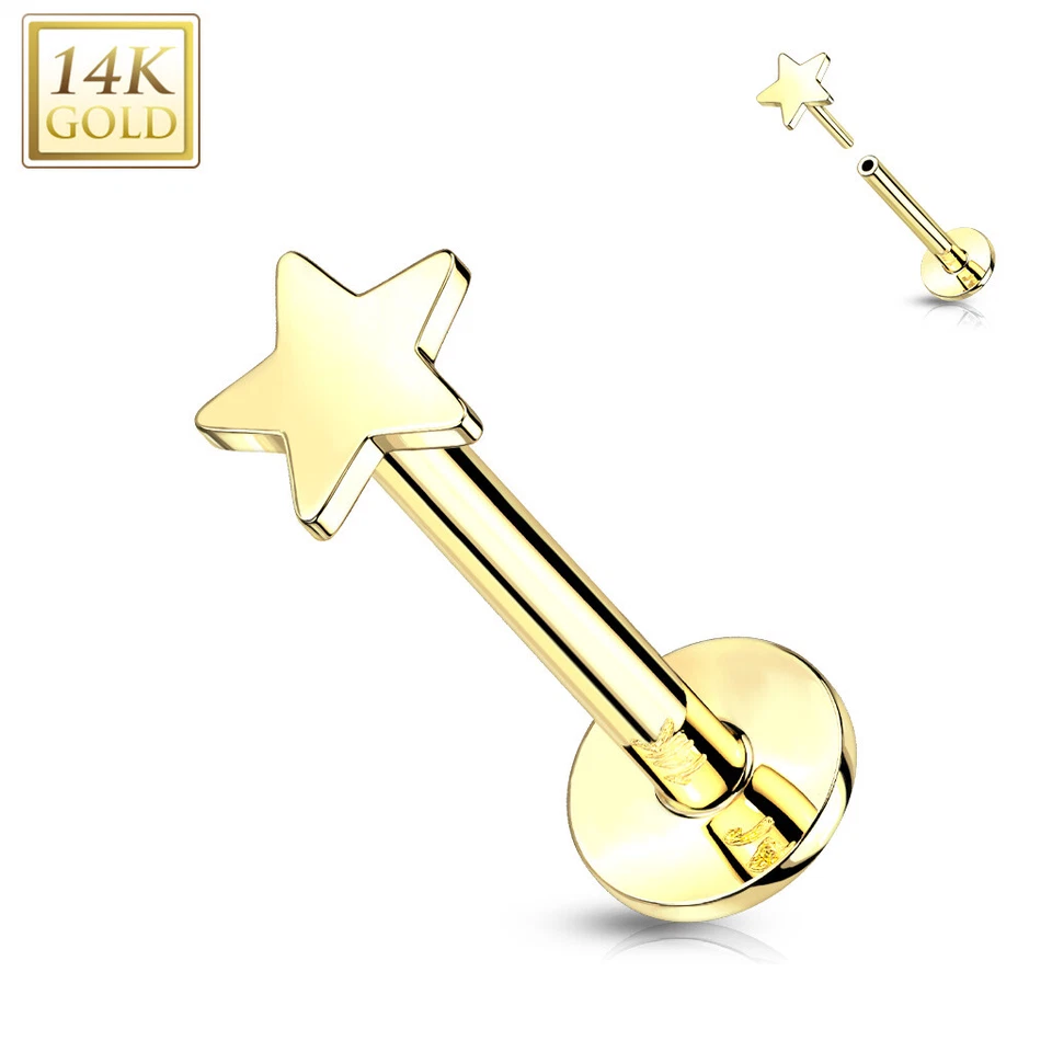 Labret labio push-in estrella plana oro macizo 14K oreja cartílago hélice 16G Foto 1 de 4